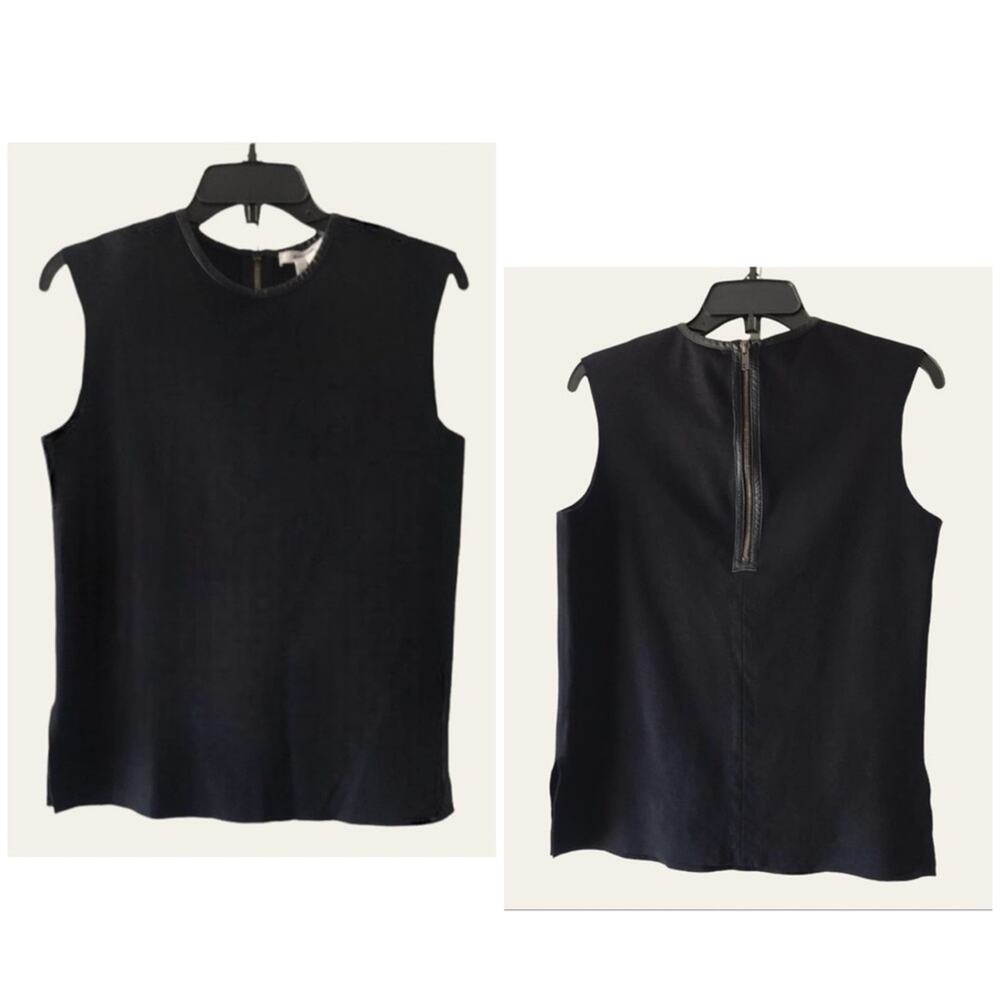 Helmut Lang black sleeveless top with raw edges, leather trim